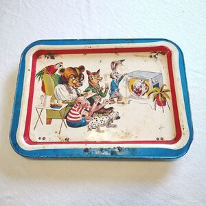 Vintage 1950s Aluminum TV Tray Mid Century Cartoon Animal Illustration